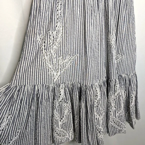 Tory Burch Eyelet Embroidered Stripe Flounce Ruffle Hem Midi Dress Gray Blue 8 - Picture 9 of 13